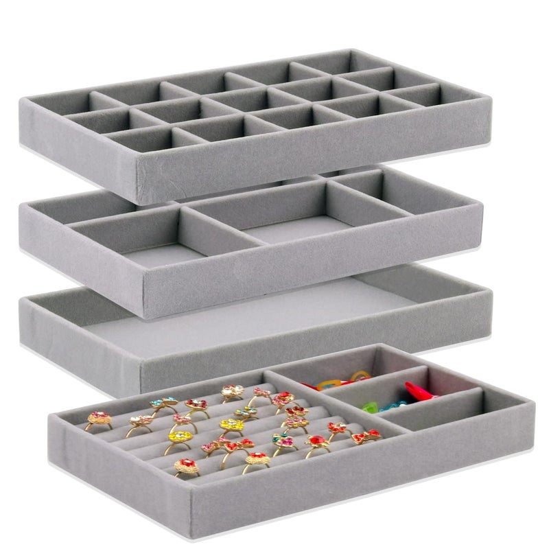 VINSU Velvet Jewelry Trays Organizer For Drawers4 Pack Stackable Jewelry Display Trays For DrawerJewelry Storage Organizers Earring Necklace Bracelet Ring Holder OrganizerDisplay Tray Grey - Image 1
