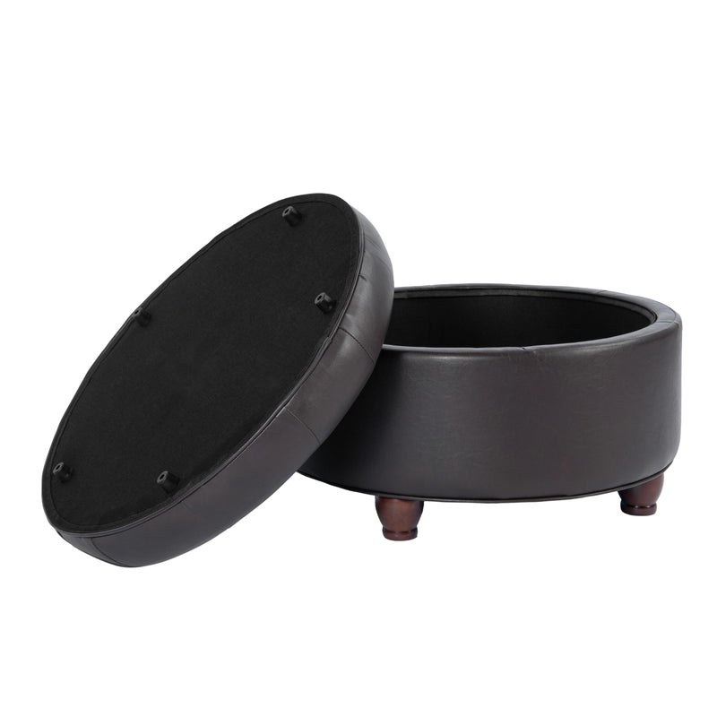 Homepop Home Decor | Button Tufted Faux Leather Round Storage Ottoman | Ottoman with Storage for Living Room & Bedroom (Distressed Brown) - Image 3