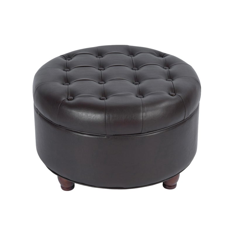 Homepop Home Decor | Button Tufted Faux Leather Round Storage Ottoman | Ottoman with Storage for Living Room & Bedroom (Distressed Brown) - Image 2