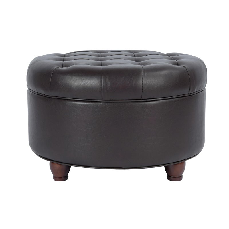 Homepop Home Decor | Button Tufted Faux Leather Round Storage Ottoman | Ottoman with Storage for Living Room & Bedroom (Distressed Brown) - Image 1