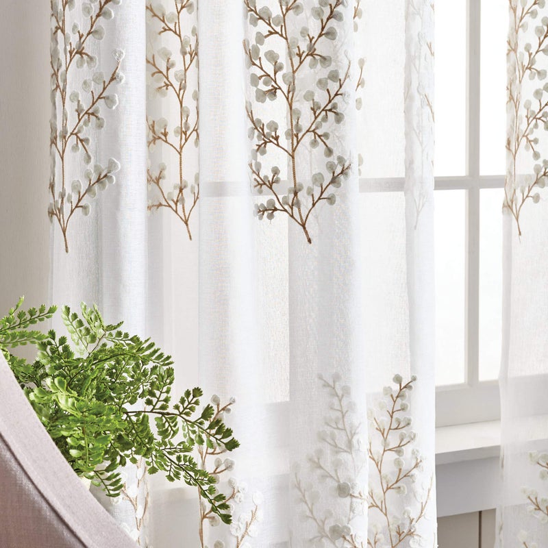 Martha Stewart Georgia Embroidery Sheer Rod Pocket Window Curtain Panel Pair  84  Ivory