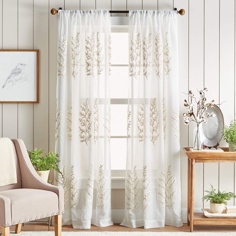 Martha Stewart Georgia Embroidery Sheer Rod Pocket Window Curtain Panel Pair  84  Ivory