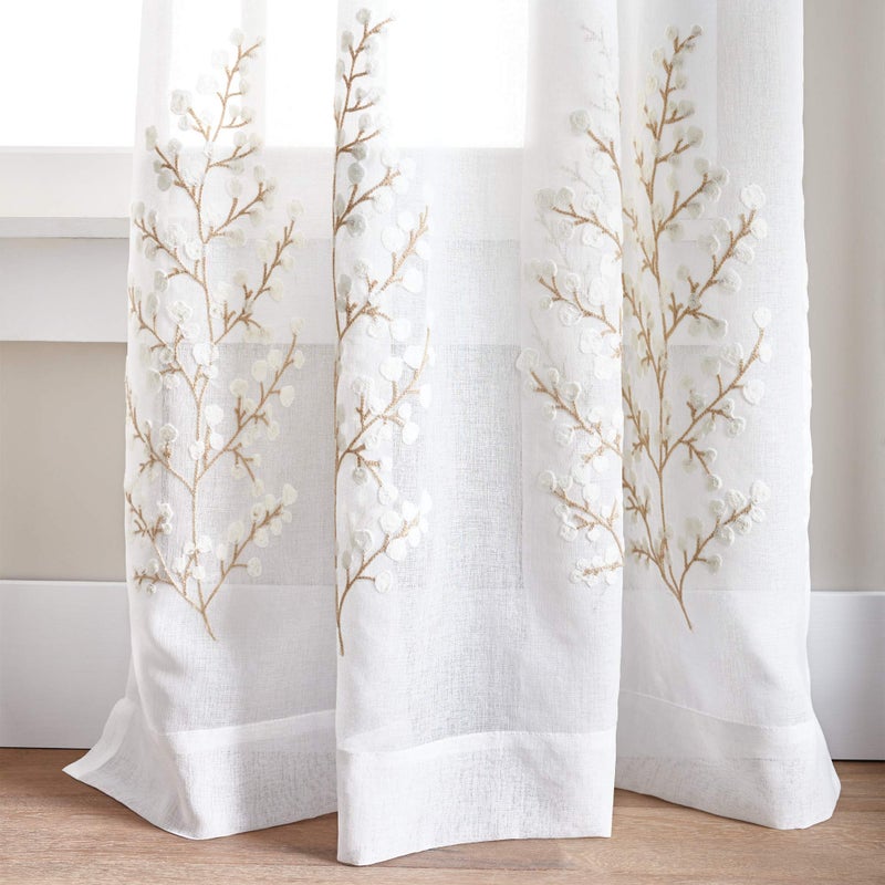 Martha Stewart Georgia Embroidery Sheer Rod Pocket Window Curtain Panel Pair  84  Ivory