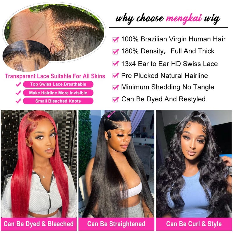 mengkai 30 Inch Straight Lace Front Wigs Human Hair Pre Plucked Bleached Knots 13x4 HD Lace Front Wigs Human 180% Density Lace Frontal Wigs with Baby Hair Glueless Wigs - Image 3
