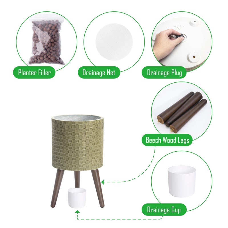 D'vine Dev 10 Inch Modern Geometric Tile Patterned Sleek Planter Pot with Stand, Indoor Outdoor Decorative Plant Holder, Distressed Olive, 88-Z-B-4 - Image 4
