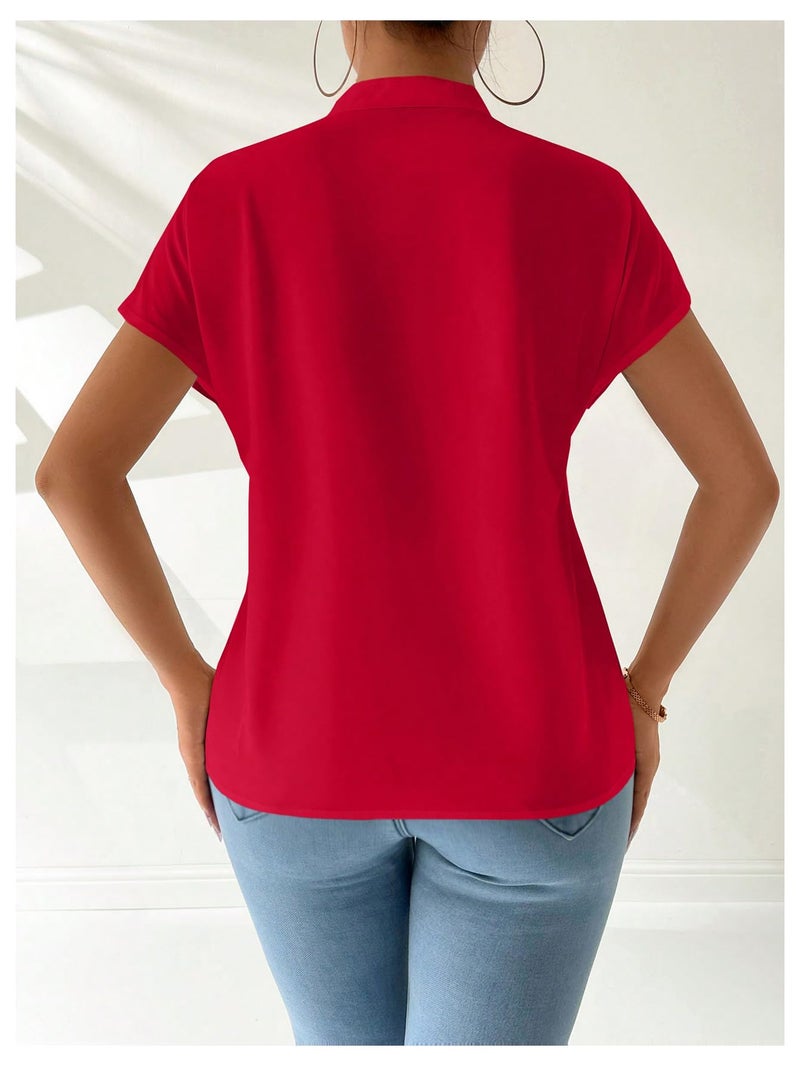 MakeMeChic Women's Summer Cheongsam Tops Mock Neck Buckle Short Sleeve Blouse Shirt Red Medium - Image 2