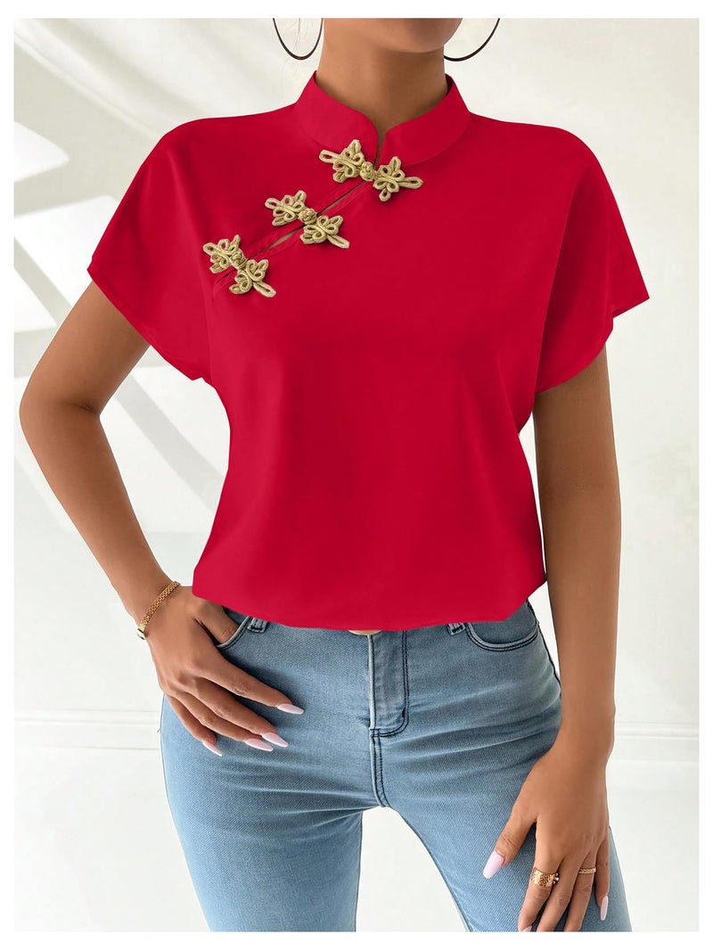 MakeMeChic Women's Summer Cheongsam Tops Mock Neck Buckle Short Sleeve Blouse Shirt Red Medium - Image 3
