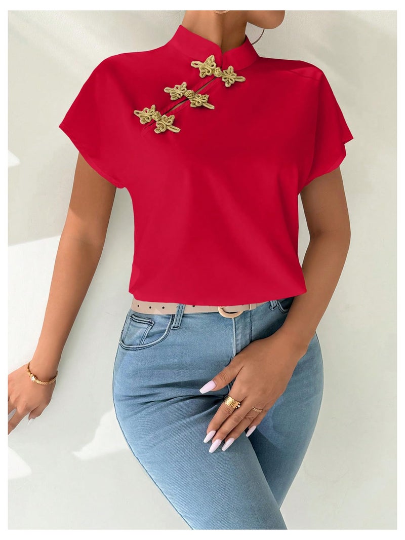 MakeMeChic Women's Summer Cheongsam Tops Mock Neck Buckle Short Sleeve Blouse Shirt Red Medium - Image 4