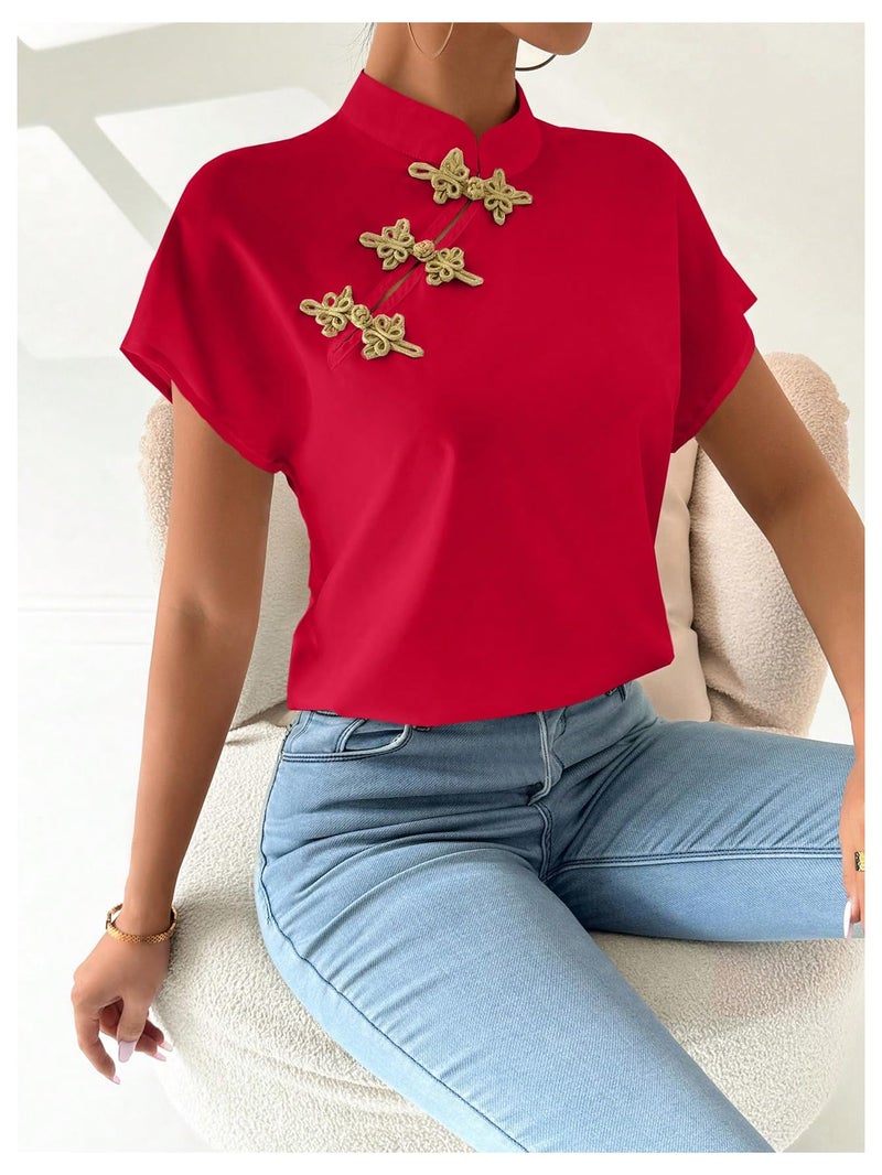 MakeMeChic Women's Summer Cheongsam Tops Mock Neck Buckle Short Sleeve Blouse Shirt Red Medium - Image 5
