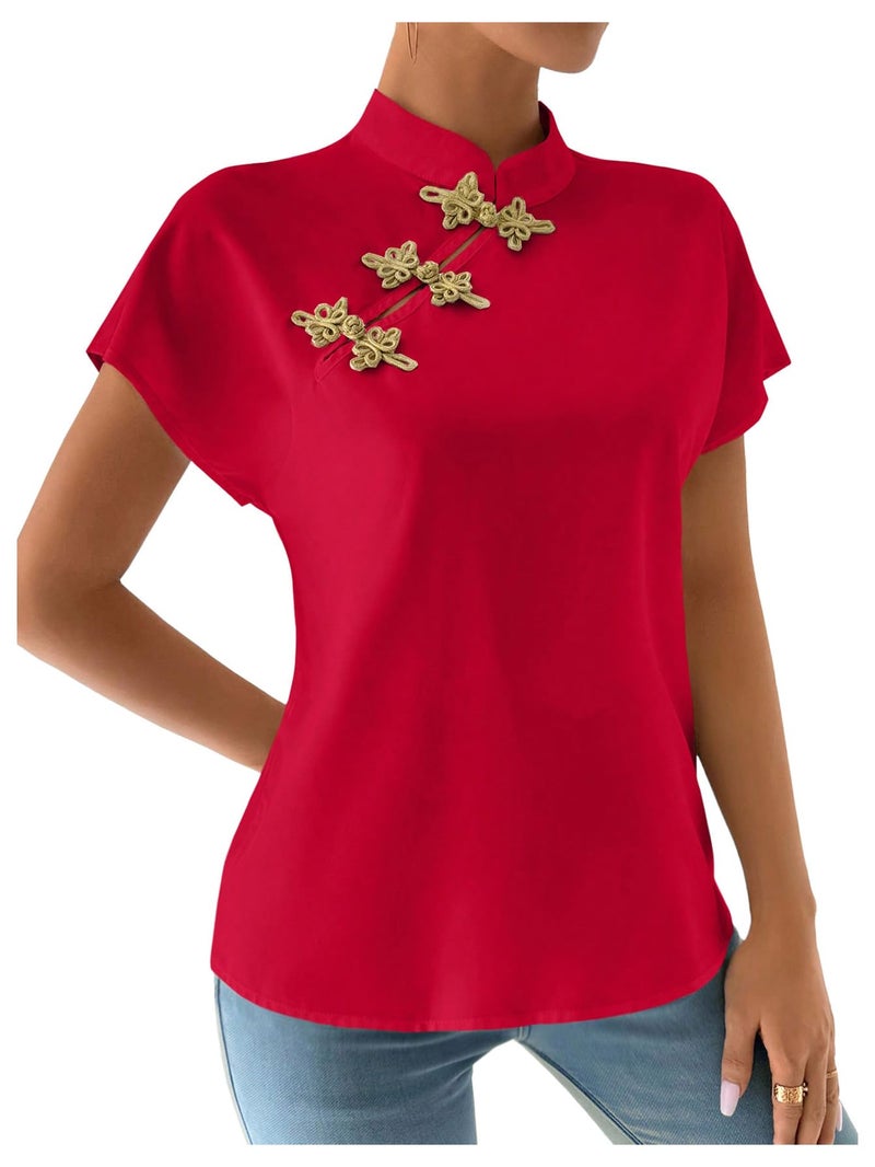 MakeMeChic Women's Summer Cheongsam Tops Mock Neck Buckle Short Sleeve Blouse Shirt Red Medium - Image 1