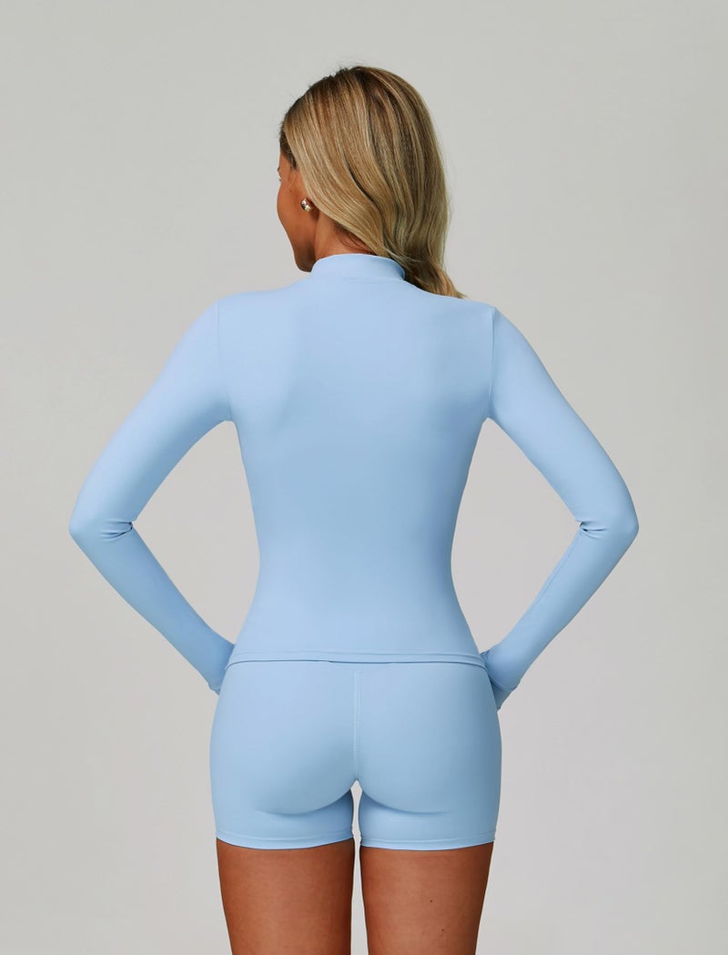 ABOCIW Workout Sets for Women 3 Piece Fall Winter Gym Clothes Zipper Long Sleeve Jacket with Thumb Holes V Neck Sports Bra High Waist Shorts Yoga Pilates Outfits Light Blue Medium - Image 2