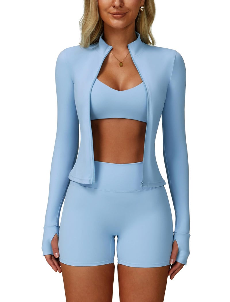 ABOCIW Workout Sets for Women 3 Piece Fall Winter Gym Clothes Zipper Long Sleeve Jacket with Thumb Holes V Neck Sports Bra High Waist Shorts Yoga Pilates Outfits Light Blue Medium - Image 1