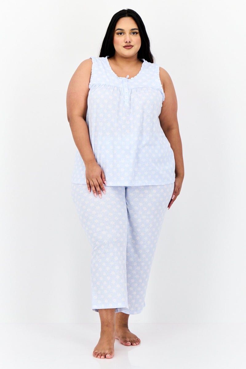 Celestial Dreams Women 2 Piece Floral Print Top And Bottom Pajama Set, Light Blue - Image 1