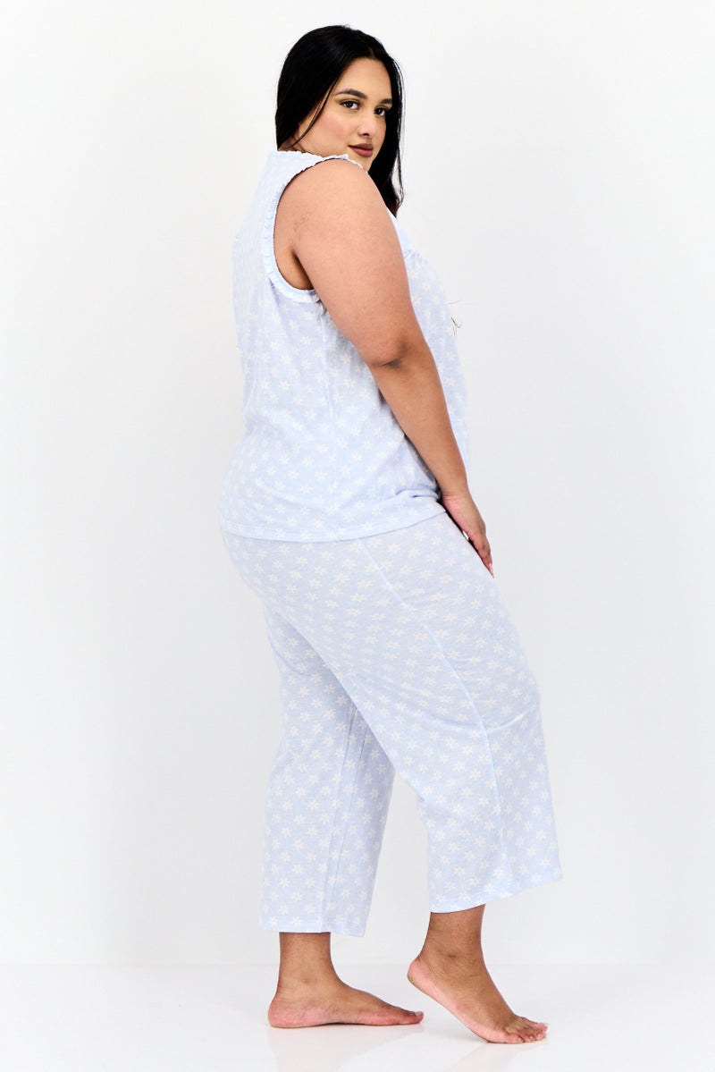 Celestial Dreams Women 2 Piece Floral Print Top And Bottom Pajama Set, Light Blue - Image 3