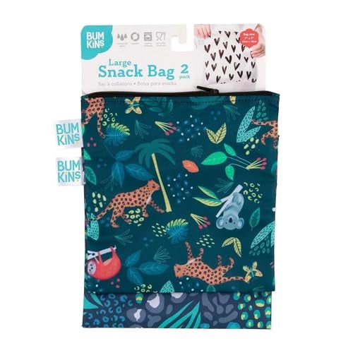Bumkins Reusable Sandwich and Snack Bags, for Kids School Lunch and for Adults Portion, Washable Fabric, Waterproof Cloth Zip Bag, Travel Pouch, Food-Safe Storage, Large 2-pk Jungle - Image 2