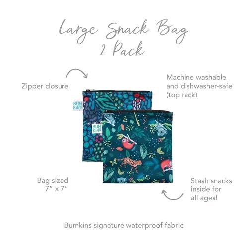 Bumkins Reusable Sandwich and Snack Bags, for Kids School Lunch and for Adults Portion, Washable Fabric, Waterproof Cloth Zip Bag, Travel Pouch, Food-Safe Storage, Large 2-pk Jungle - Image 4