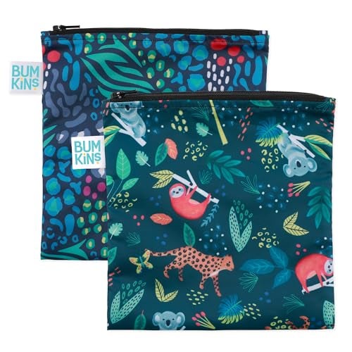 Bumkins Reusable Sandwich and Snack Bags, for Kids School Lunch and for Adults Portion, Washable Fabric, Waterproof Cloth Zip Bag, Travel Pouch, Food-Safe Storage, Large 2-pk Jungle - Image 1