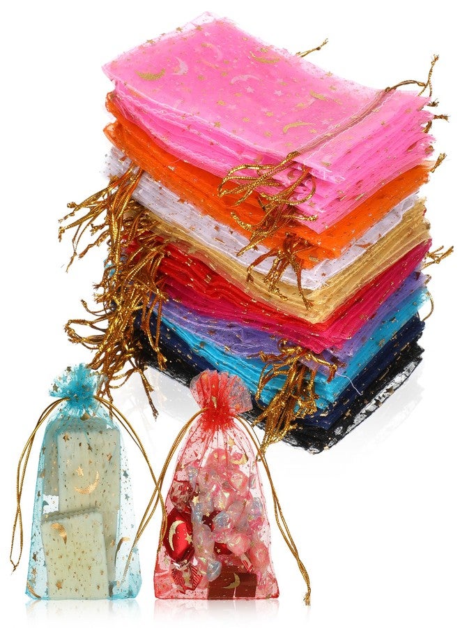 SHENLIU 500 Pcs Organza Bags, 6"X4" Moon Star Small Gift Bags Bulk Mesh Party Favor Mesh Drawstring Goodie Wrap Pouch for Candy Jewelry Soaps Sachet Bracelet Wedding Party Halloween Christmas - Image 1