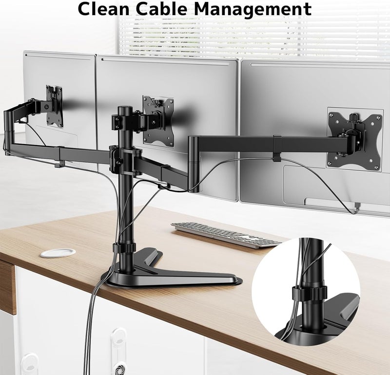 PUTORSEN Triple Monitor Stand, Heavy Fully Adjustable Motion Mount Fits 3 Screens up to 27 inche, Free Standing Desk Stand with Base and Cable Management, 22 lbs Weight Capacity per Arm, Black - Image 5
