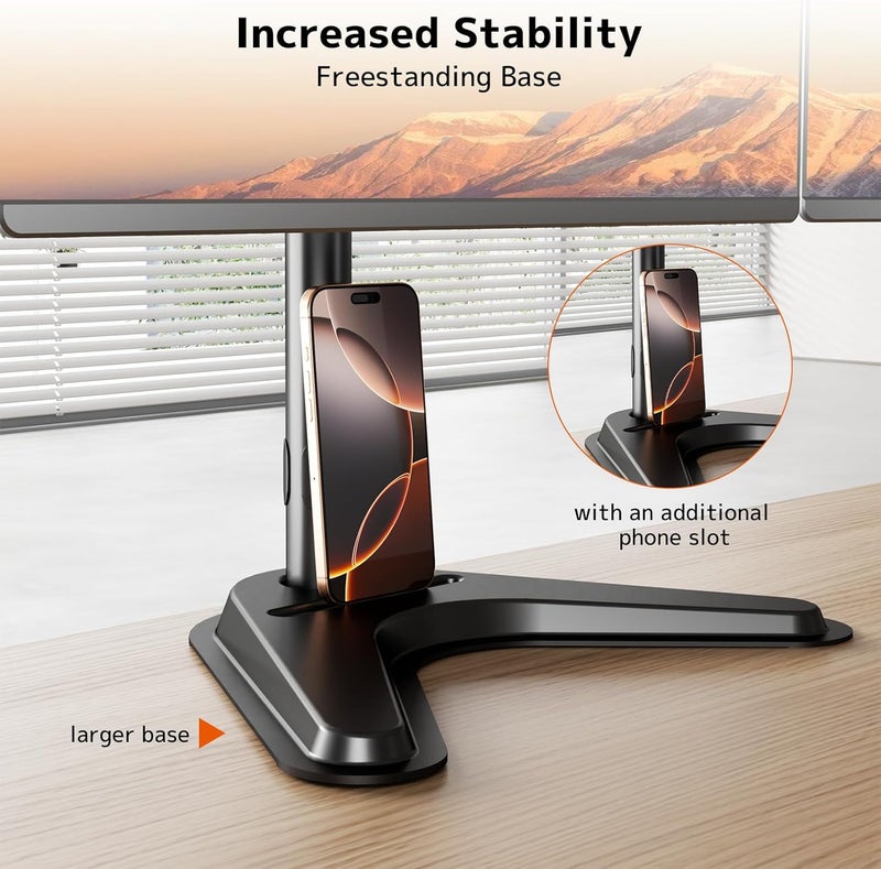 PUTORSEN Triple Monitor Stand, Heavy Fully Adjustable Motion Mount Fits 3 Screens up to 27 inche, Free Standing Desk Stand with Base and Cable Management, 22 lbs Weight Capacity per Arm, Black - Image 4
