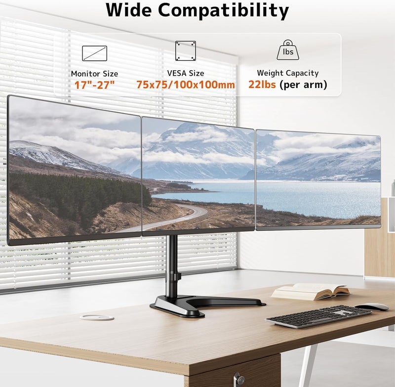 PUTORSEN Triple Monitor Stand, Heavy Fully Adjustable Motion Mount Fits 3 Screens up to 27 inche, Free Standing Desk Stand with Base and Cable Management, 22 lbs Weight Capacity per Arm, Black - Image 2