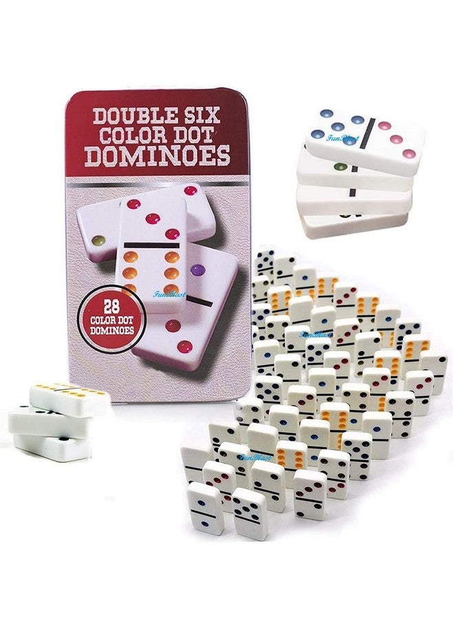 FunBlast Double 6 Color Dot Dominoes Game Set - White Dominoes 28 Piece Set Toy in Tin Case - 6 Dot Dominoes Match & Educational Game (Multicolor) - Image 1