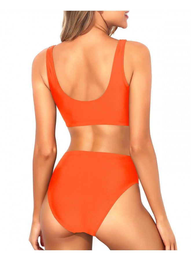Tempt Me Tempt Me Women Orange Two Piece Scoop Neck Bikini Crop Top High Cut Swimsuit Sporty High Waisted Bathing Suit with Bottoms M - Image 1