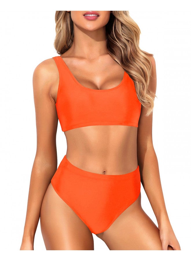 Tempt Me Tempt Me Women Orange Two Piece Scoop Neck Bikini Crop Top High Cut Swimsuit Sporty High Waisted Bathing Suit with Bottoms M - Image 4