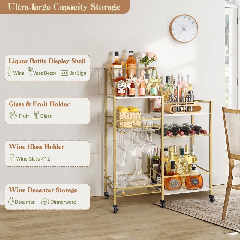 VINAEMO Gold Bar Cart With Wine Glass Holder, Stand for Home, Small Mini Bar for Whiskey Wine, Liquor Cart, Alcohol Cabinet for Kitchen, Dining Room - Image 4