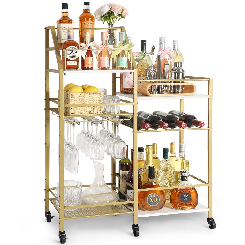 VINAEMO Gold Bar Cart With Wine Glass Holder, Stand for Home, Small Mini Bar for Whiskey Wine, Liquor Cart, Alcohol Cabinet for Kitchen, Dining Room - Image 1