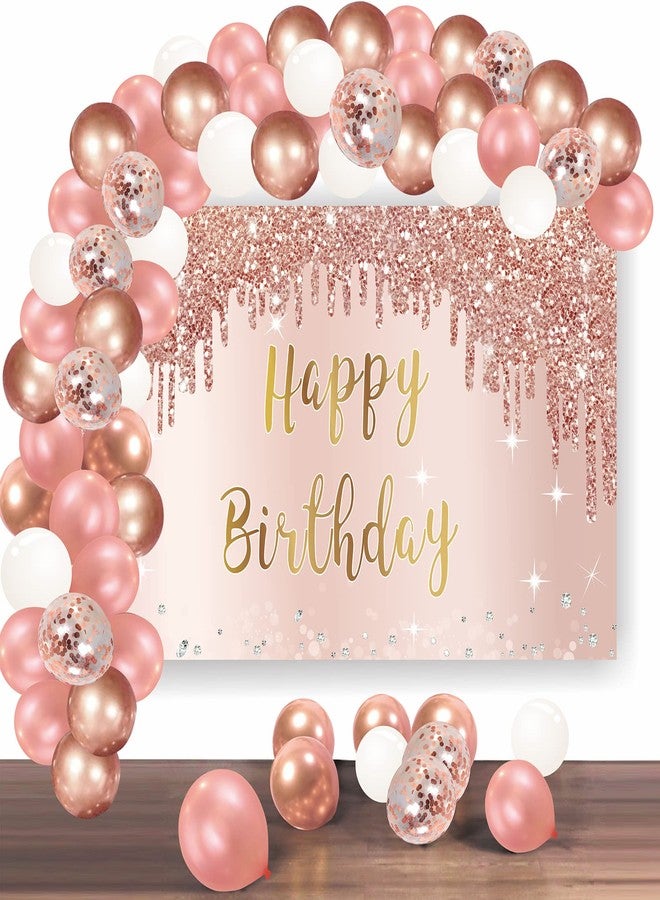 Bumqviy Rose Gold Happy Birthday Banner Backdrop with Confetti Balloon Garland Arch, Happy Birthday Banner Balloon Set for Women Girls, Pink 16th 21st 30th 40th 50th Bday Poster Photo Booth Decor - Image 1