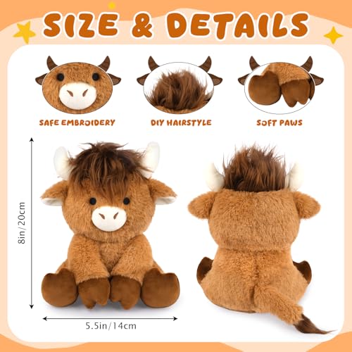 JEROKUMI Highland Cow Stuffed Animal 8inch Fluffy Plush with Styleable Hair Soft Toy Kawaii Huggable Cow Plush Gifts for Kids Toddler Baby Birthday Gifts - Image 5