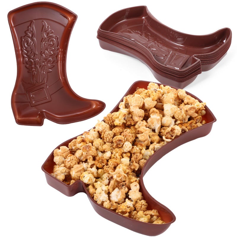 Uiifan مجموعة صواني تقديم حفلات رعاة البقر من Uiifan، 24 قطعة، أطباق بلاستيكية للاستخدام مرة واحدة على شكل أحذية، أدوات مائدة لحفلات رعاة البقر الغربية، لوازم حفلات الغرب المتوحش لتزيين حفلات أعياد الميلاد (بني) - Image 1