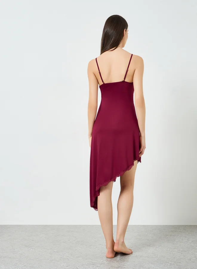 Take Two  Burgundy Lace Trim Asymmetric Slip Dress for Women | Best Price UAE