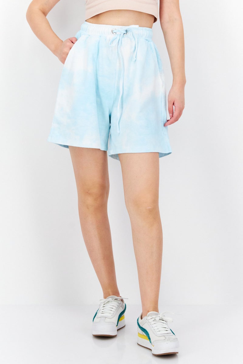 Native Youth Women Tie Dye Drawstring Basic Shorts, Blue/White - Image 1