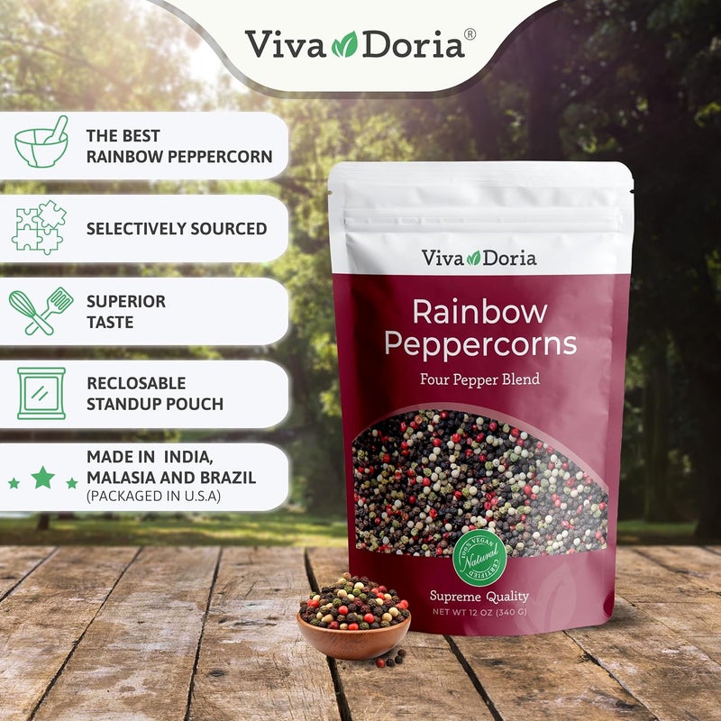Viva Doria Rainbow Blend Peppercorn - Whole Black, Green, Pink and White Pepper 12 oz with Premium Stainless Steel Grinder - Image 2