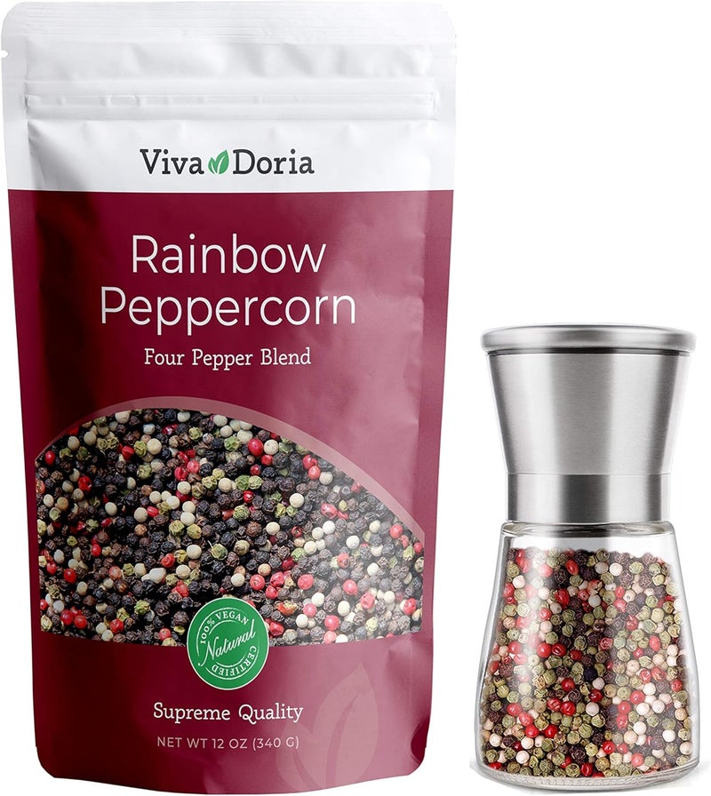 Viva Doria Rainbow Blend Peppercorn - Whole Black, Green, Pink and White Pepper 12 oz with Premium Stainless Steel Grinder - Image 1