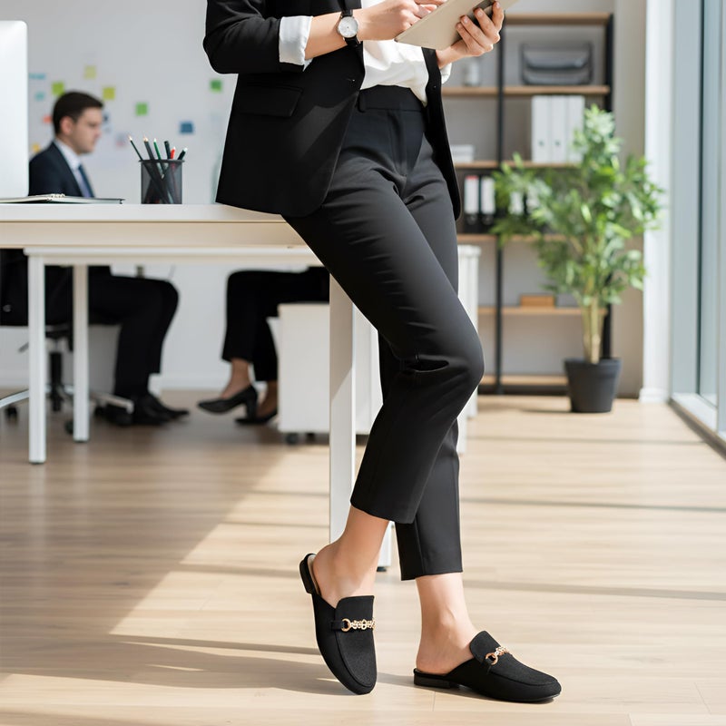 FUDYNMALC Womens Mules Buckle Flats: Classic Suede Slip On Shoes Dressy Closed Toe Backless Slides Loafers 2026 for Business Work Office Casual Black - Image 3