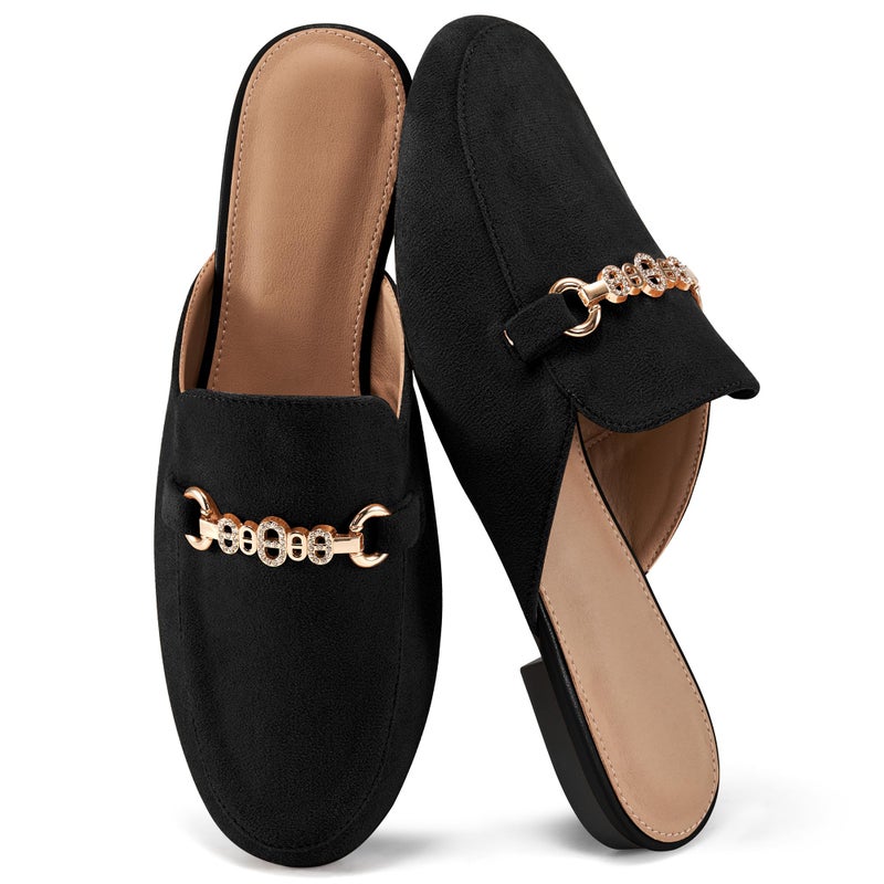 FUDYNMALC Womens Mules Buckle Flats: Classic Suede Slip On Shoes Dressy Closed Toe Backless Slides Loafers 2026 for Business Work Office Casual Black - Image 1