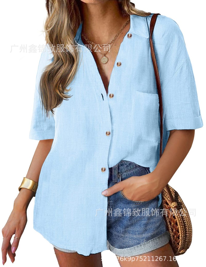 2025 Women'S Linen Shirt Cotton Buttoned Shirt Short Sleeve Loose Collared Casual Work Shirt - Image 1