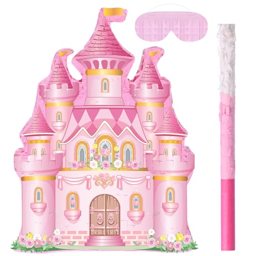 Fullhawl Princess Castle Pinata Pull String Princess Party Decorations Supplies Pink Royal Castle Piata Set with Blindfold and Bat for Girls Birthday Party Baby Shower Decorations - Image 1