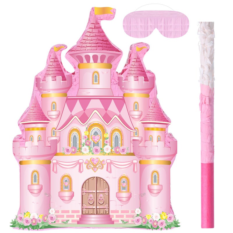 Fullhawl Princess Castle Pinata Pull String Princess Party Decorations Supplies Pink Royal Castle Piata Set with Blindfold and Bat for Girls Birthday Party Baby Shower Decorations - Image 3