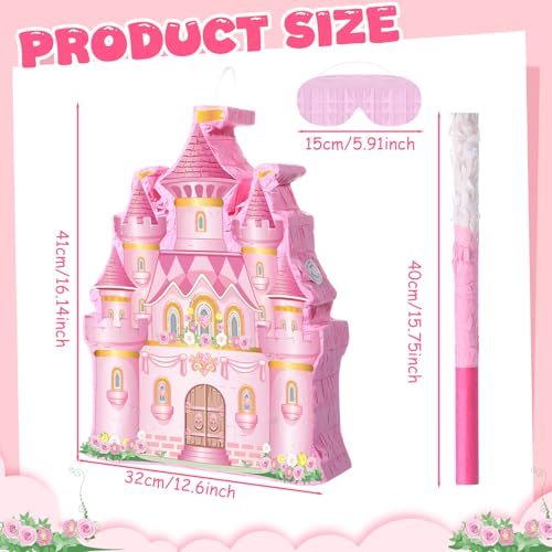 Fullhawl Princess Castle Pinata Pull String Princess Party Decorations Supplies Pink Royal Castle Piata Set with Blindfold and Bat for Girls Birthday Party Baby Shower Decorations - Image 5