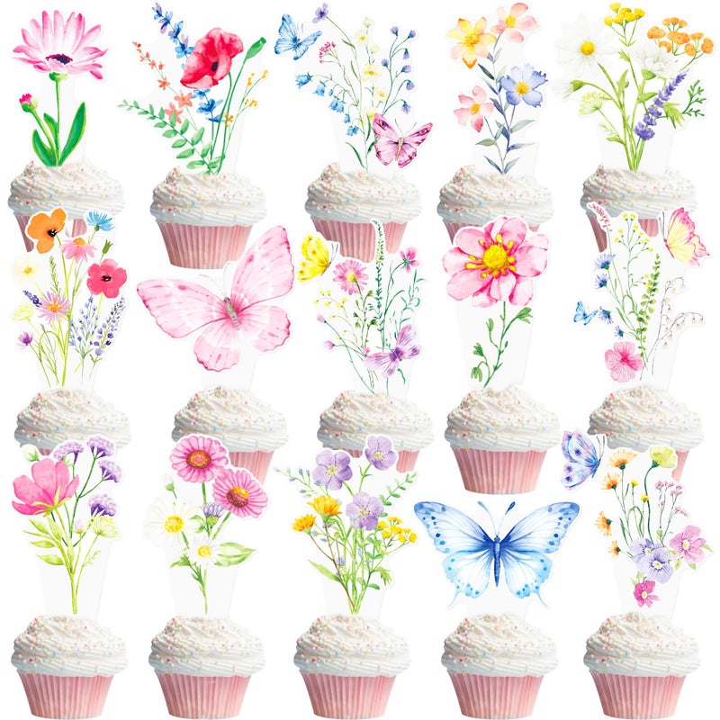 umoni Wildflower Cupcake Toppers 48Pcs Wildflower Theme Birthday Party Decorations Wildflower Butterfly Party Cupcake Picks Wildflowers Cake Decoration for Girls Baby Shower Party Supplies - Image 1