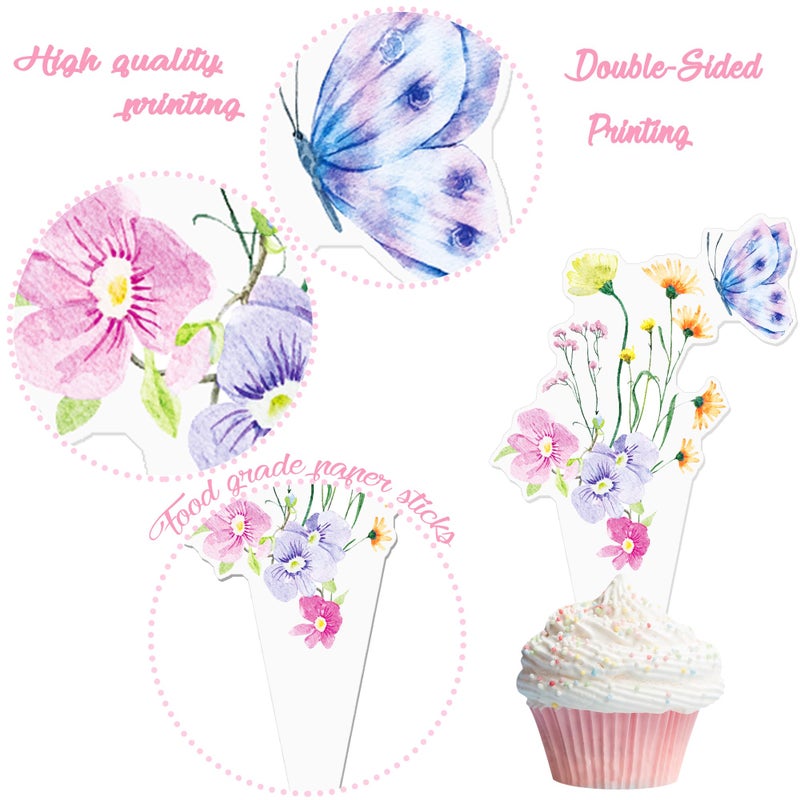 umoni Wildflower Cupcake Toppers 48Pcs Wildflower Theme Birthday Party Decorations Wildflower Butterfly Party Cupcake Picks Wildflowers Cake Decoration for Girls Baby Shower Party Supplies - Image 3