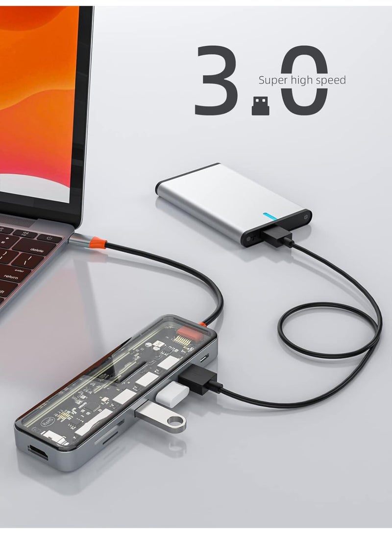 Transparent Docking Station USBC, 10 in 1,1x 100Mbps Gigabit Ethernet Port，1x 4k HDMI, 1x USB3.0, 2xUSB2.0, 1x USB-C Data Port, 1x TypeC PD Port, 1 x SD Card Slot, 1x TF Card 1 x 3.5mm Audio / Mic, 1x VGA Port - Image 2