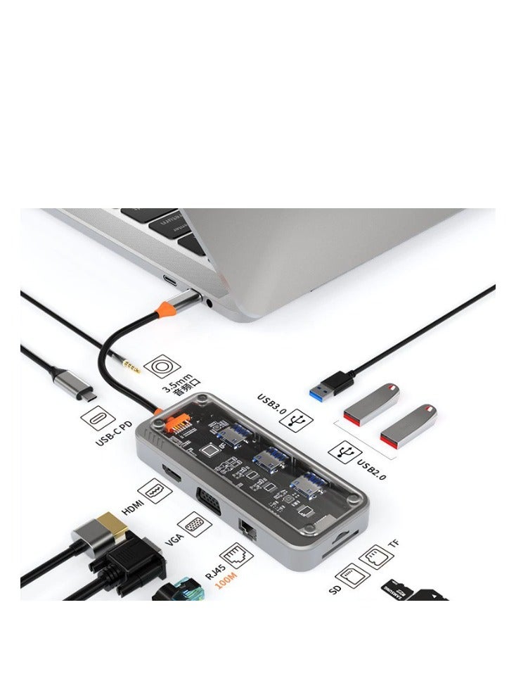 Transparent Docking Station USBC, 10 in 1,1x 100Mbps Gigabit Ethernet Port,1x 4k HDMI, 1x USB3.0, 2xUSB2.0, 1x USB-C Data Port, 1x TypeC PD Port, 1 x SD Card Slot, 1x TF Card 1 x 3.5mm Audio / Mic, 1x VGA Port