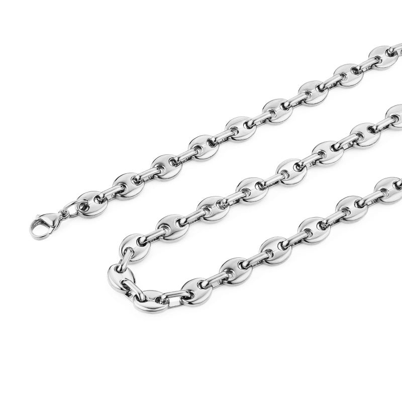 HZMAN Stainless Steel Necklace for Men Hip Hop Polished Silver Chain Coffee Bean Chain Necklace Jewelry Gift (18in) - Image 1
