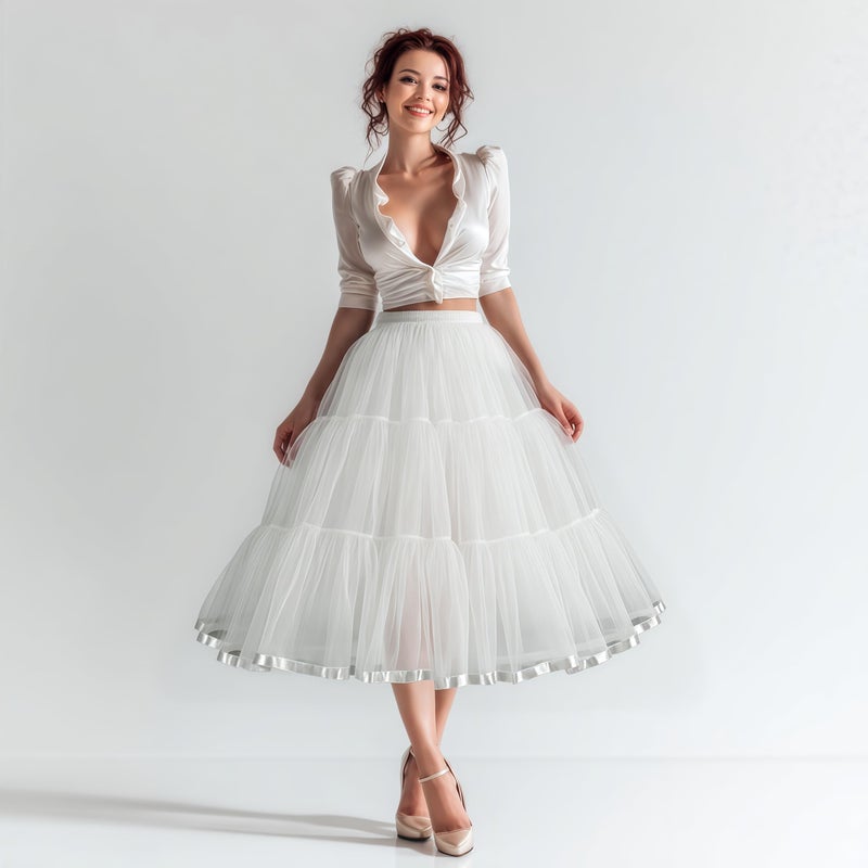 Shimaly Women's 31.5 inch Below Knee Petticoat Midi Underskirt Crinoline Tulle Petticoat Half Slip (S-L, Ivory) - Image 4