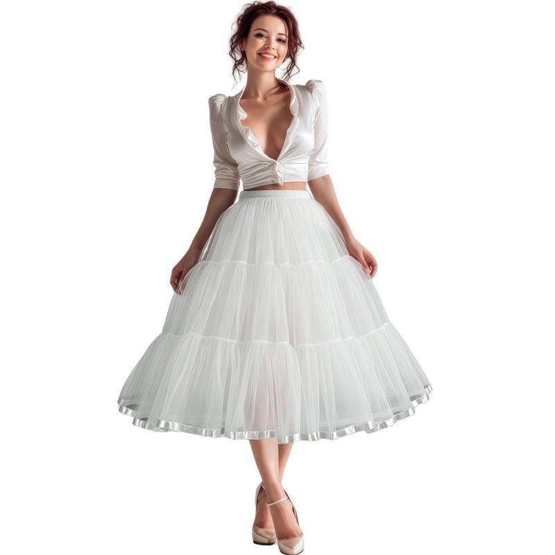 Shimaly Women's 31.5 inch Below Knee Petticoat Midi Underskirt Crinoline Tulle Petticoat Half Slip (S-L, Ivory) - Image 1